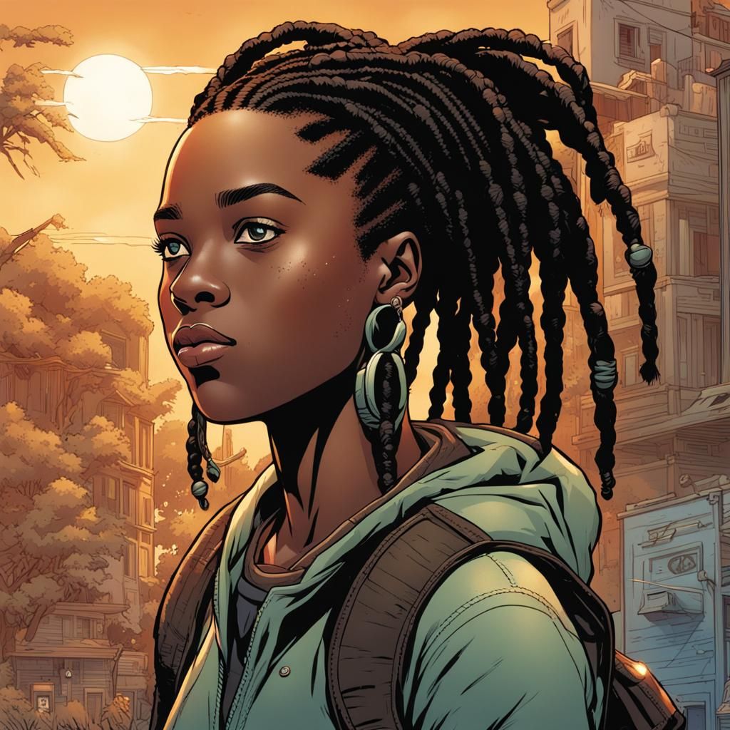 Cartoon-Style Black Girl Athlete with Locs, Comic Book Art