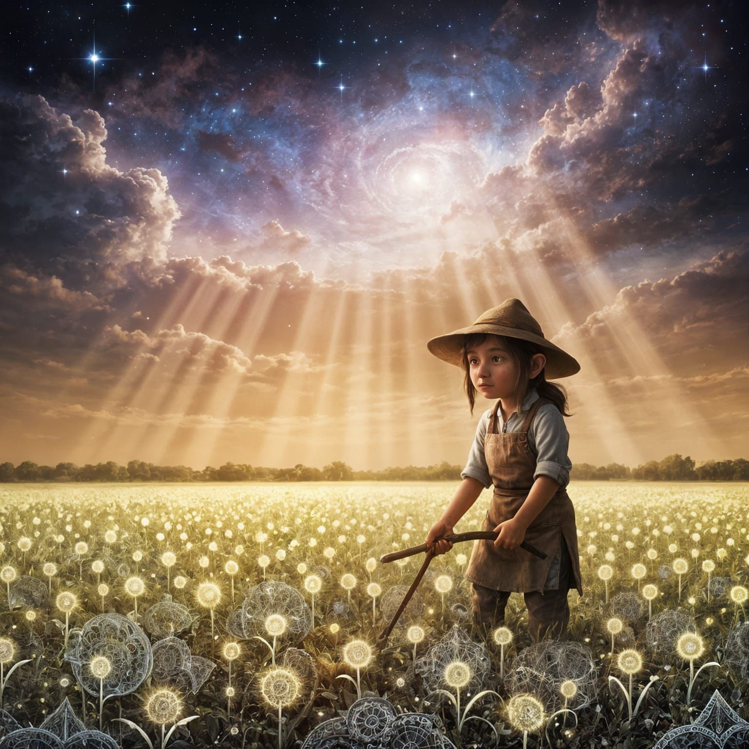 Surreal Halfling Farmer Tends Ethereal Crops Under Nebula Sk...