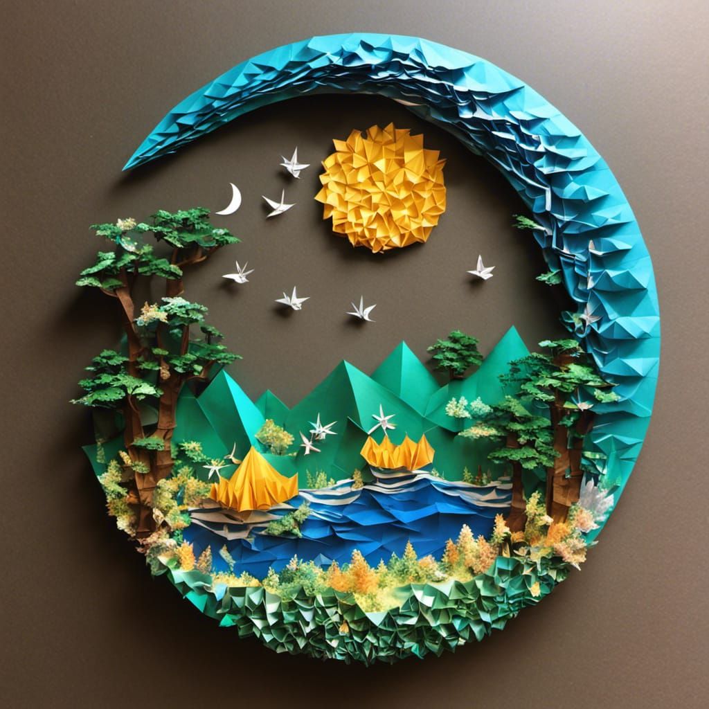 Intricate Origami Crescent Moon with Village Seascape