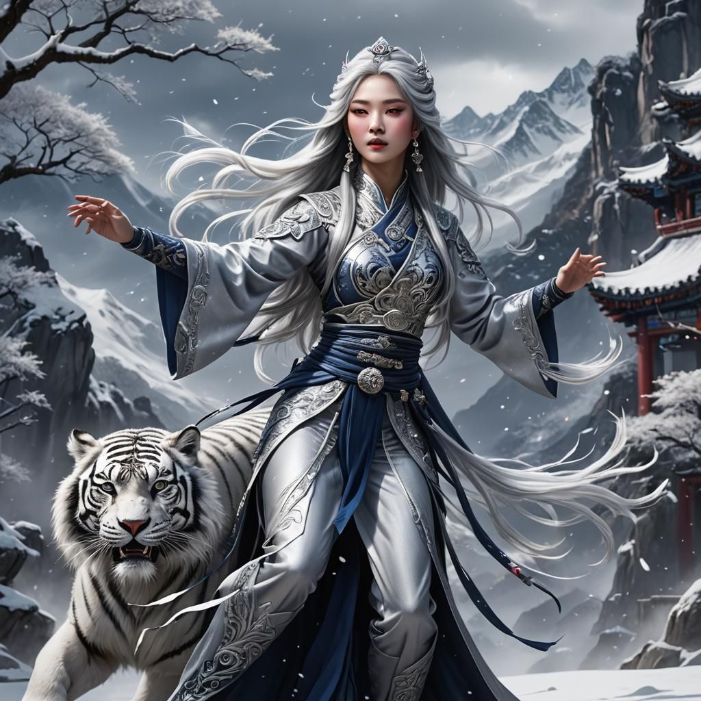 Princess Xianxia dancer in light silver and midnight silver. Dancing with chinese snow tiger. Snowy Mountains