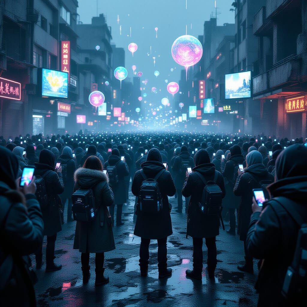 Dystopian Crowd Gazing at Phones in Ruined City