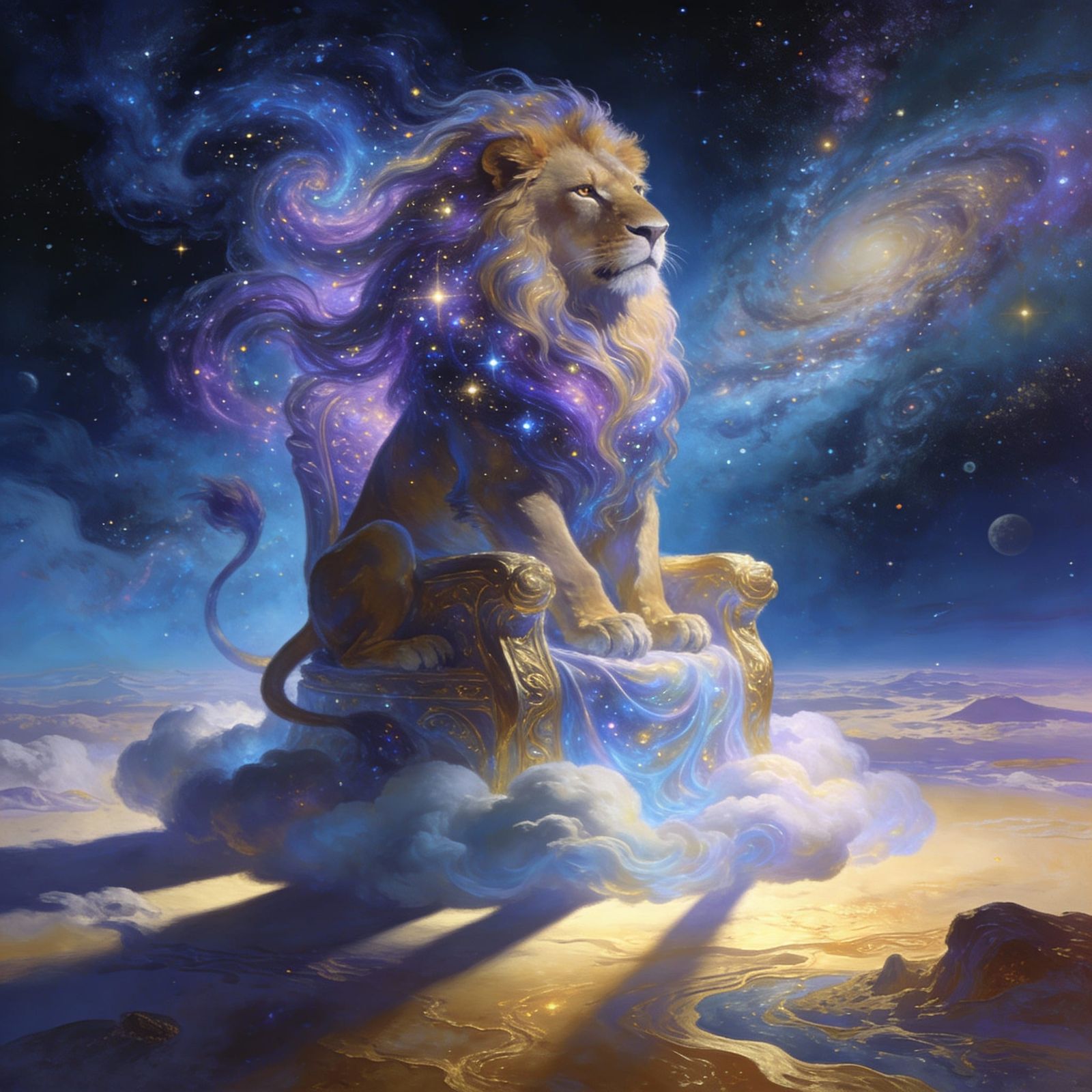 Cosmic Lion King on Cloud Throne in Surreal Style