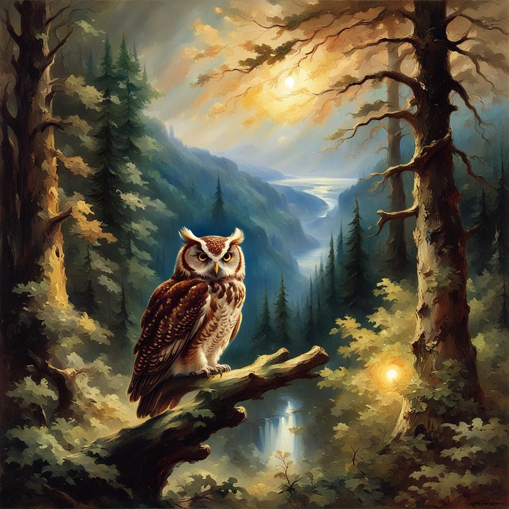 Glowing Owl in Night Forest Oil Painting