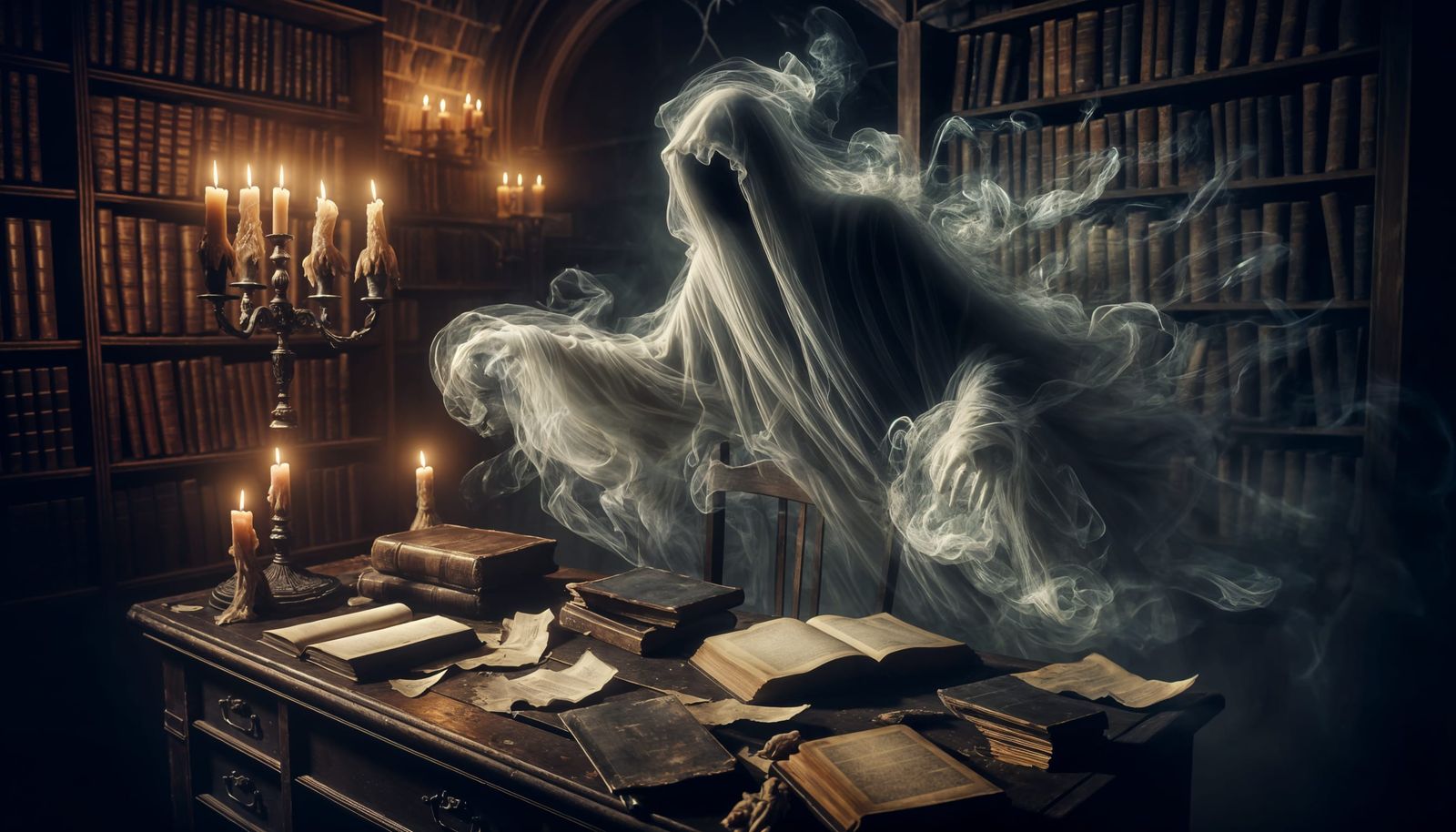 Ethereal Spirit in Ancient Library: Fantasy Scene
