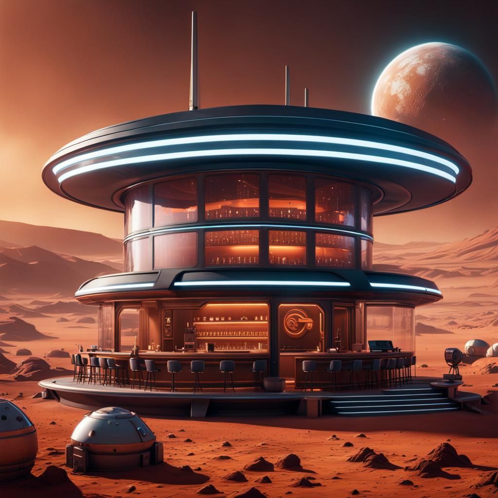 Futuristic Coffeehouse on Mars: Detailed Matte Painting