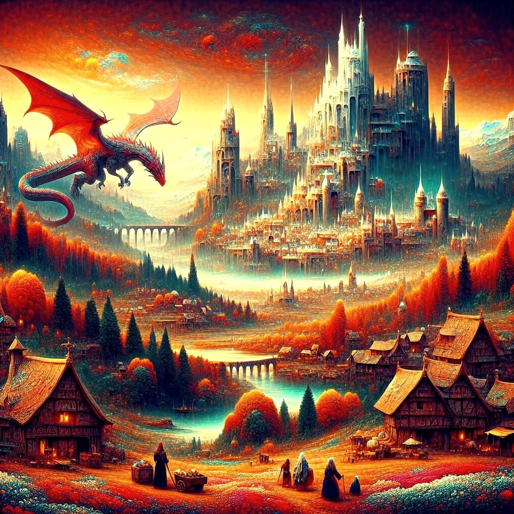 Ethereal Fantasy World with Red Dragon in Romantic Style