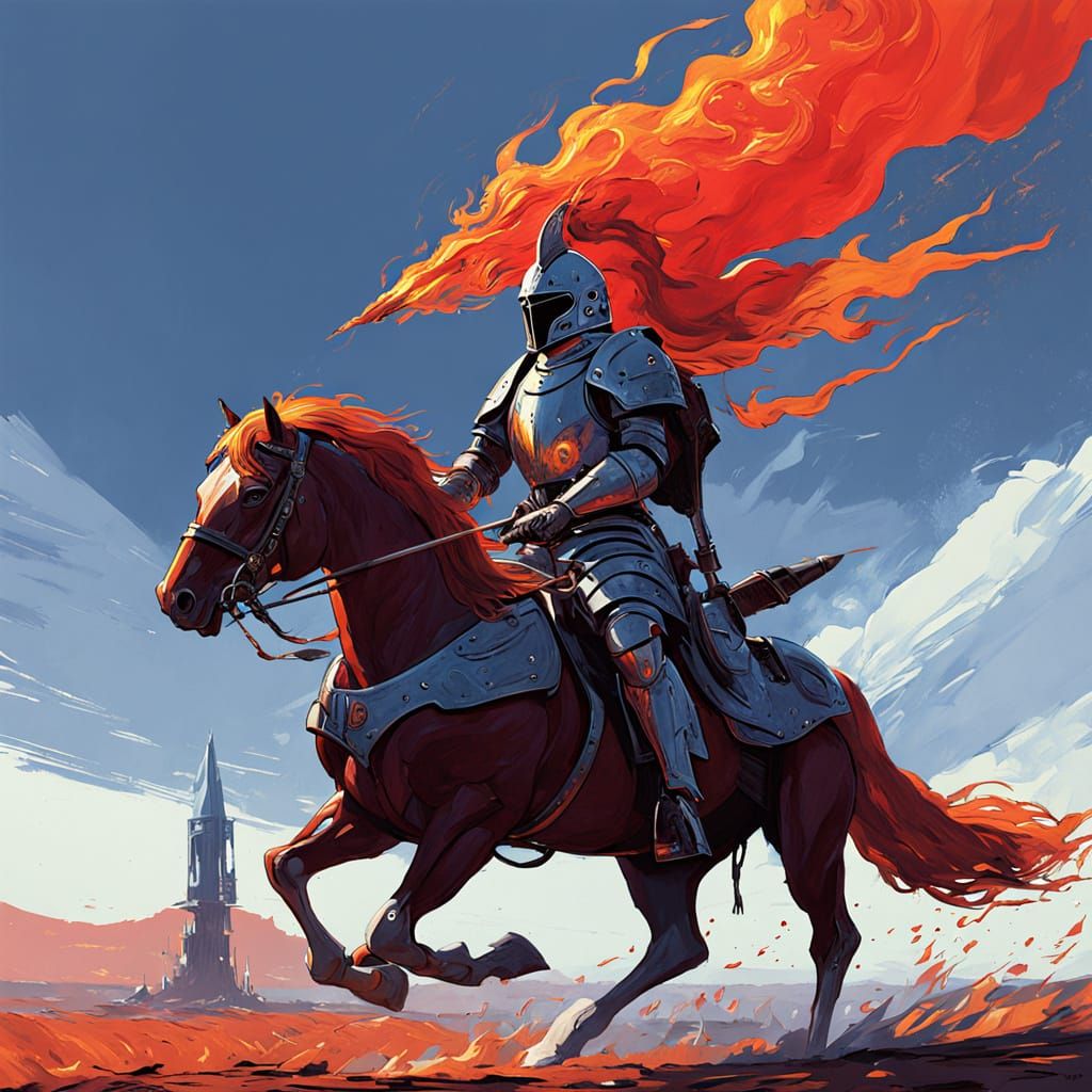 Epic Fantasy Warrior Rides Blazing Horse through Inferno