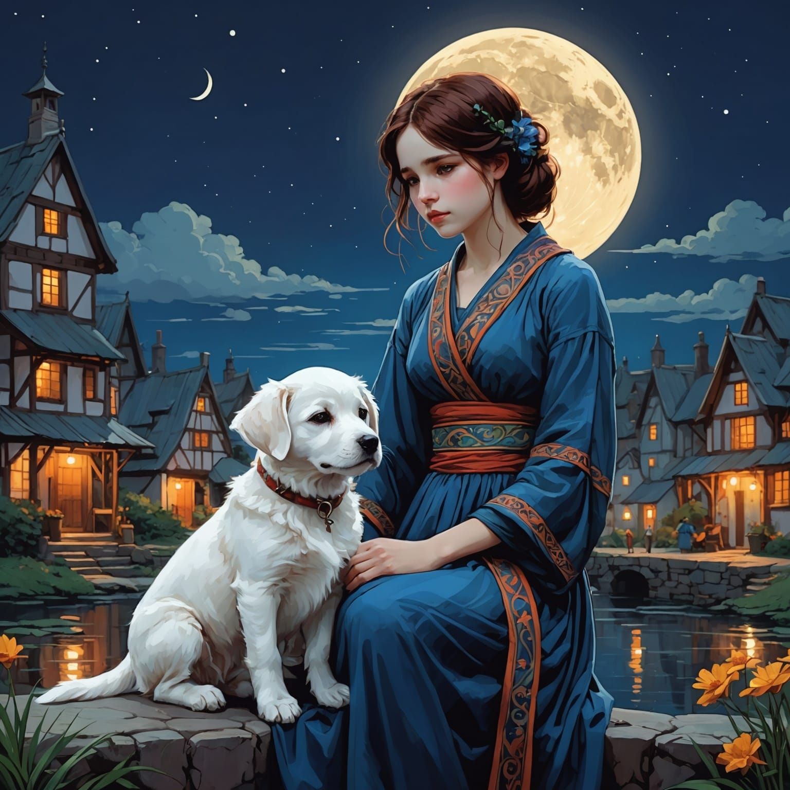 Moonlit Night with Puppy in Anime Style