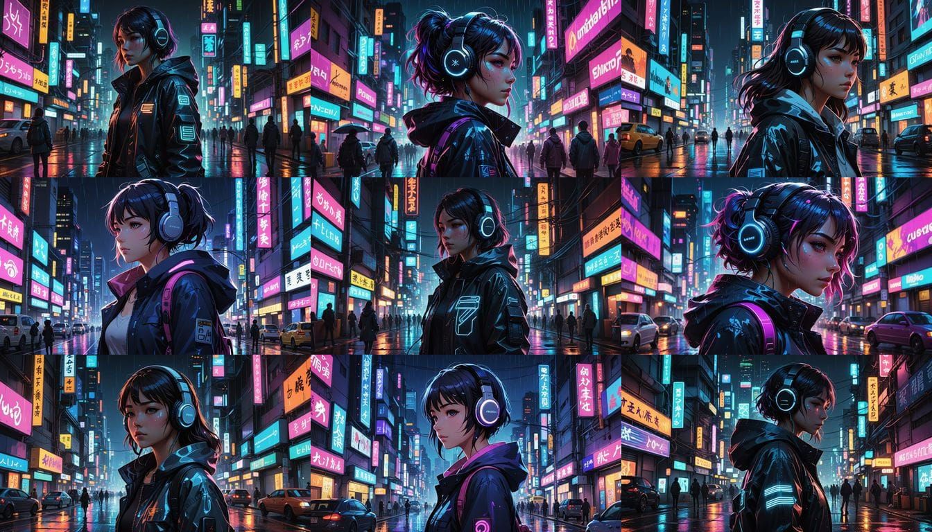Anime Girl in Neon City at Night