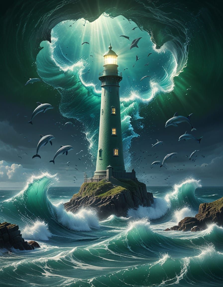 Ethereal Lighthouse with Dolphins, Digital Matte Painting