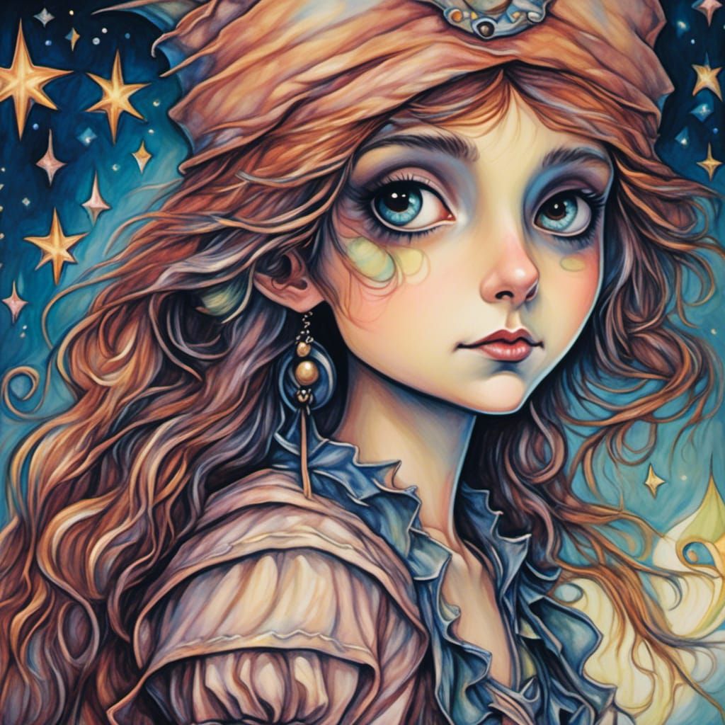 Pirate Girl Portrait with Stars, Tim Burton Style