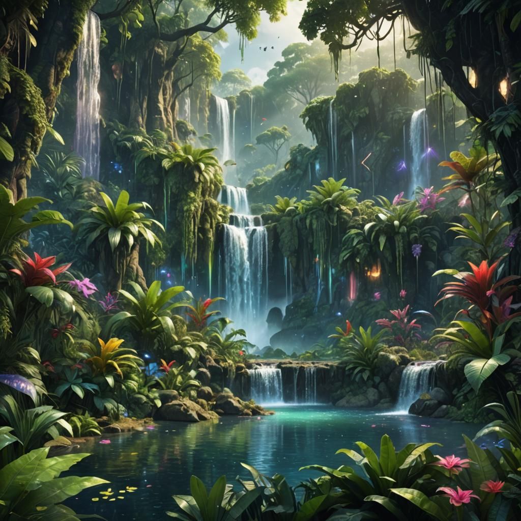Enchanting Jungle Waterfall in Fantasy Concept Art