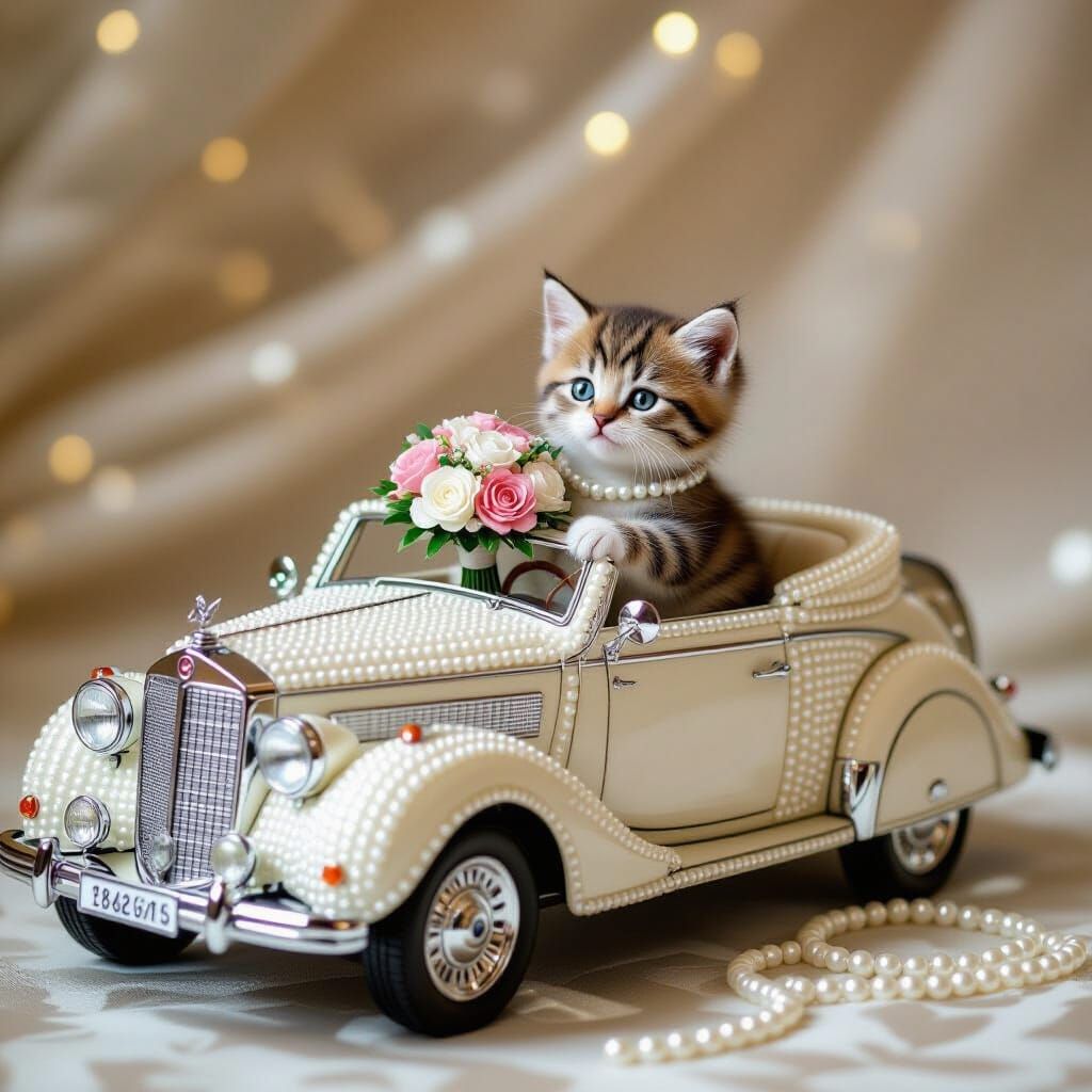 Luxurious Pearl Bridal Car with Kitten and Flowers