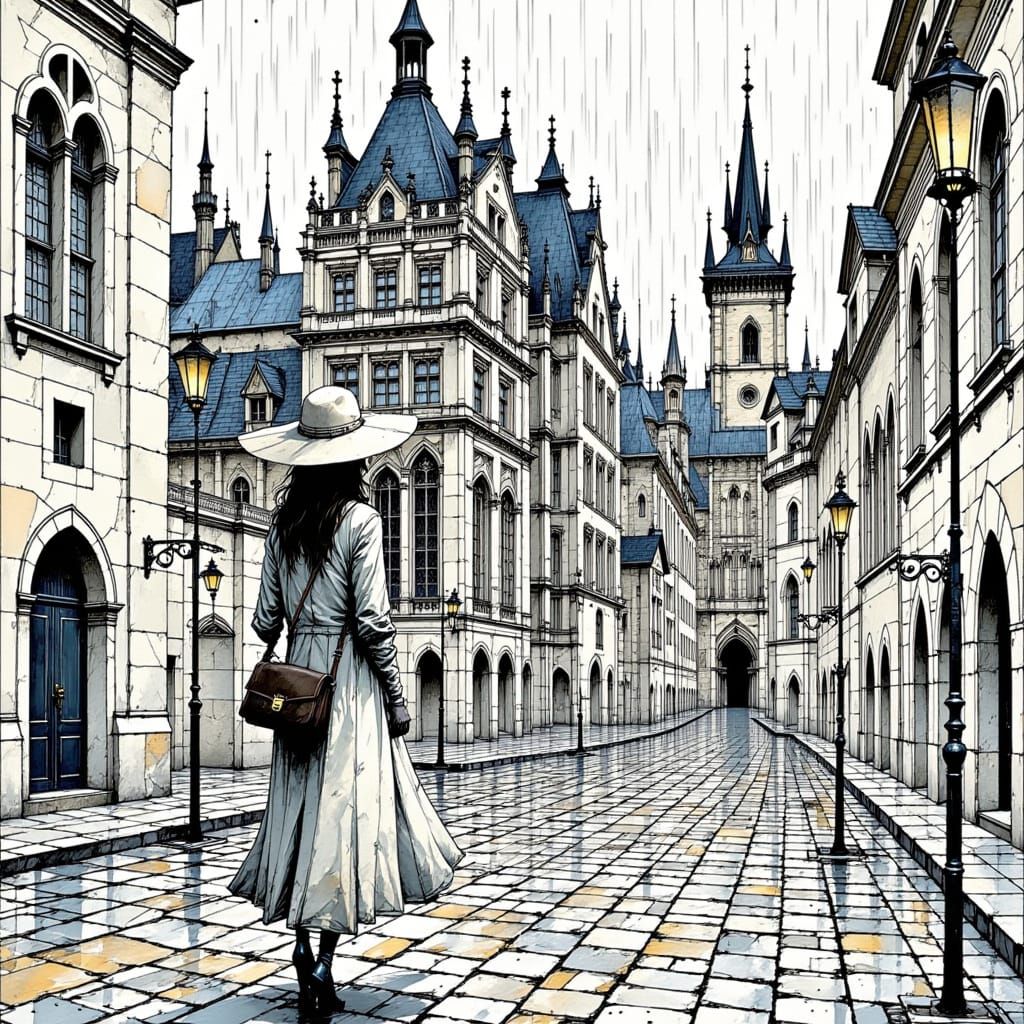 Gothic Woman Walks Prague Streets in Rainy Night