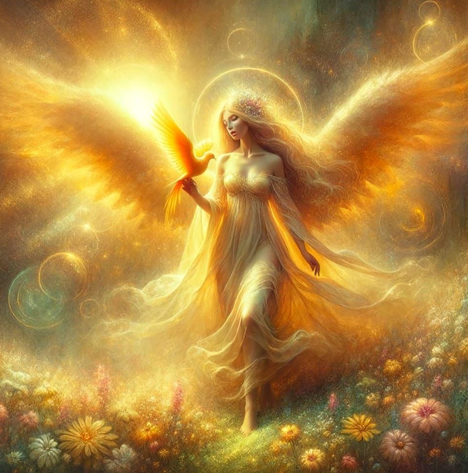 Ethereal Angel Maiden with Golden Phoenix