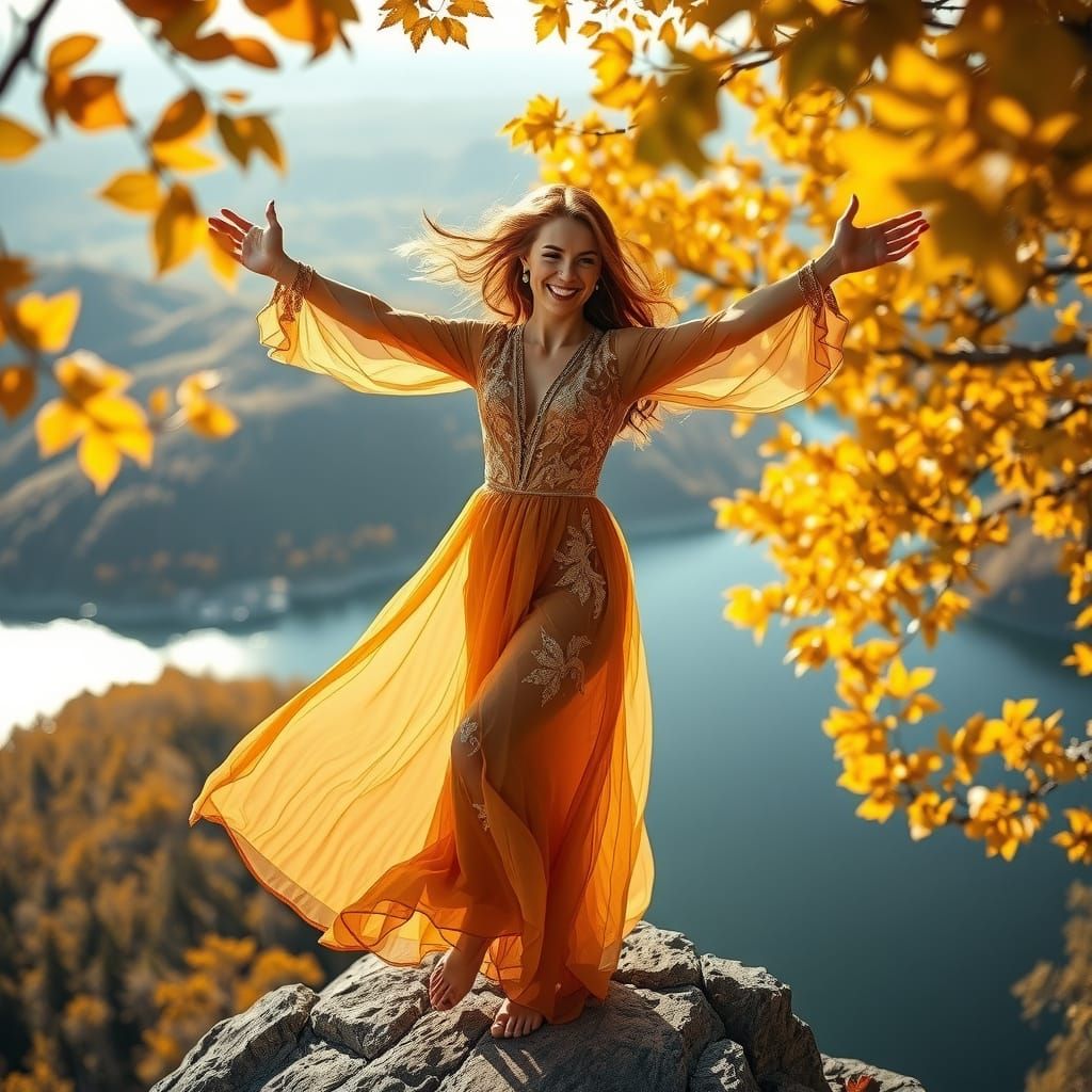 Woman Embraces Freedom on Autumn Cliff Edge