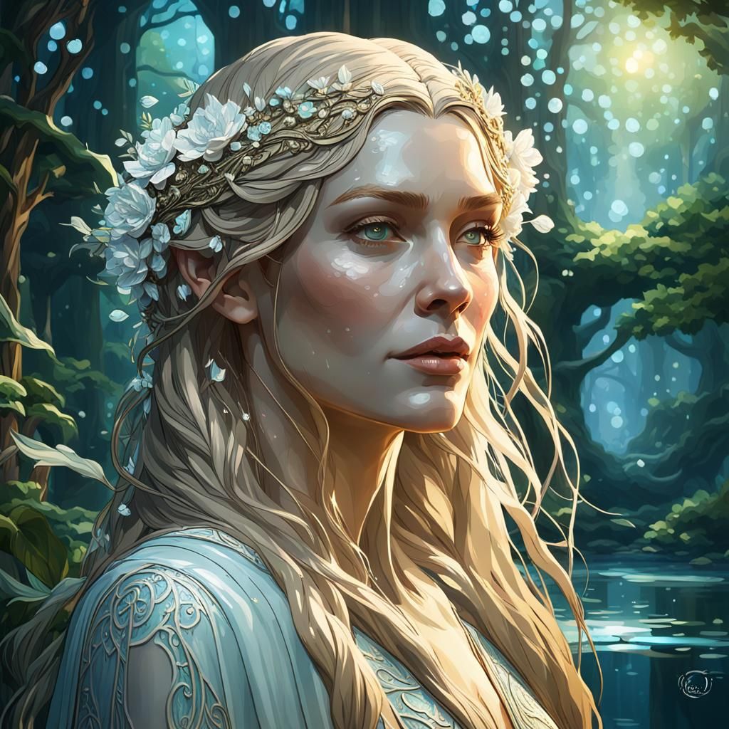 Galadriel Portrait in Elven Treehouse, Impressionistic Style