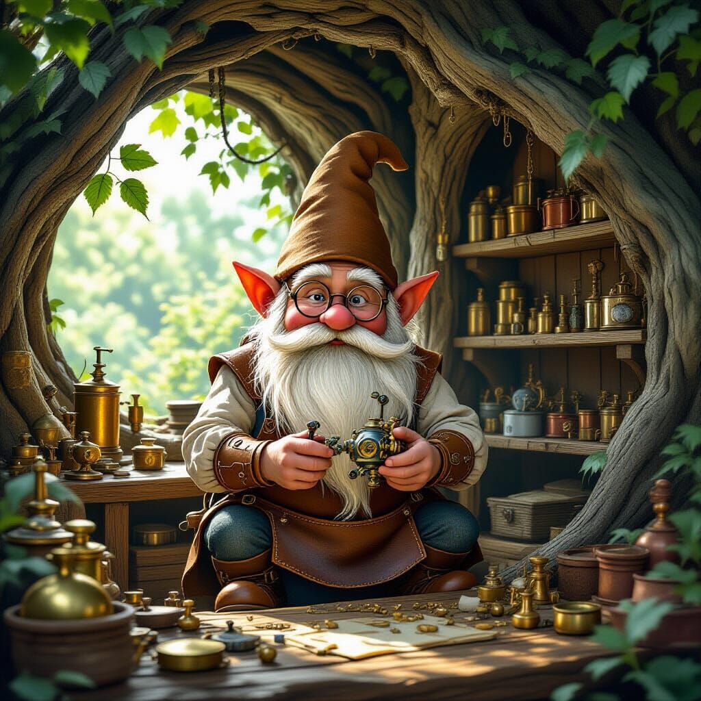 Gnome Crafts Robot in Tree Hollow Workshop