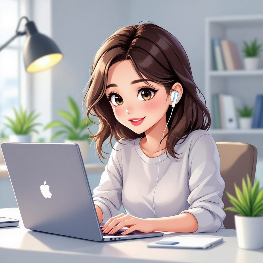 Cute Manga Woman Working on Laptop with AirPods Pro