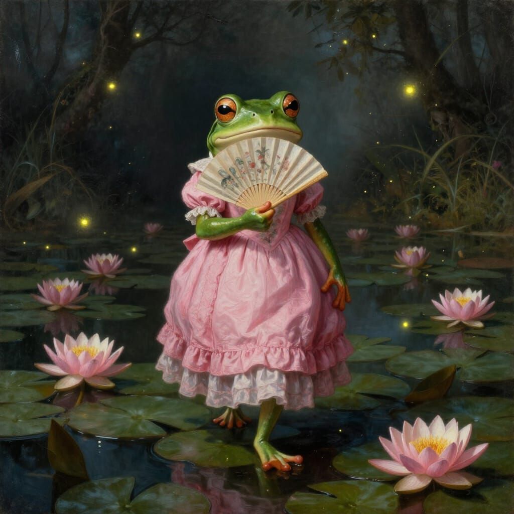 Frog Maiden in Victorian Dress on Lily Pond