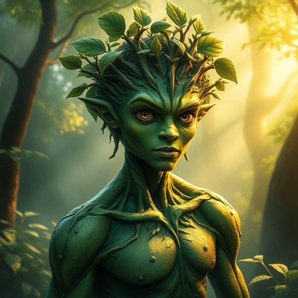 Green-Skinned Dryad in Forest Glade: Digital Watercolor