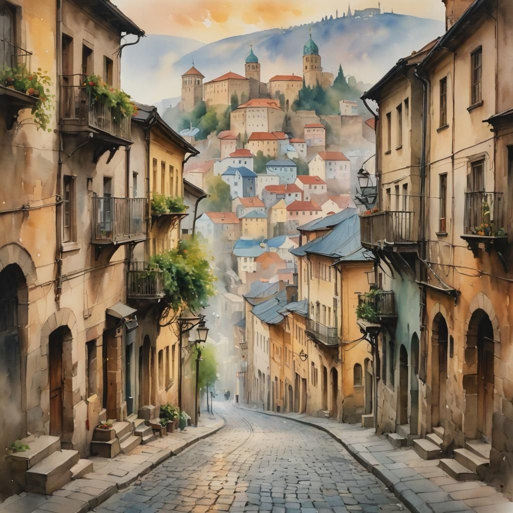 Turner-Inspired Watercolor of Tbilisi's Golden Cobbled Stree...