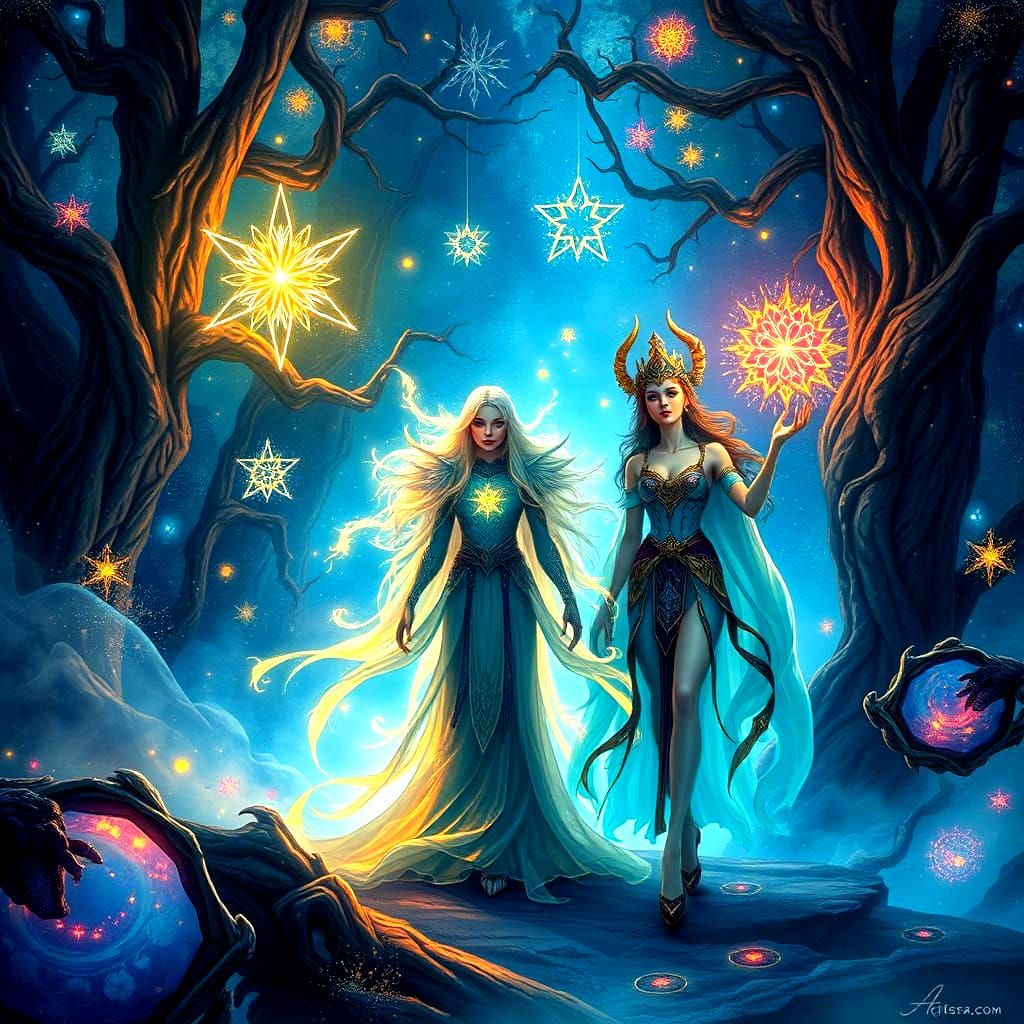 Ethereal Star and Sorceress in Whimsical Fantasy Realm