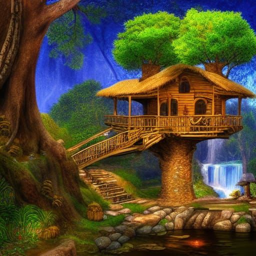 Magnificent Roman Treehouse with Waterfalls: 3D Render