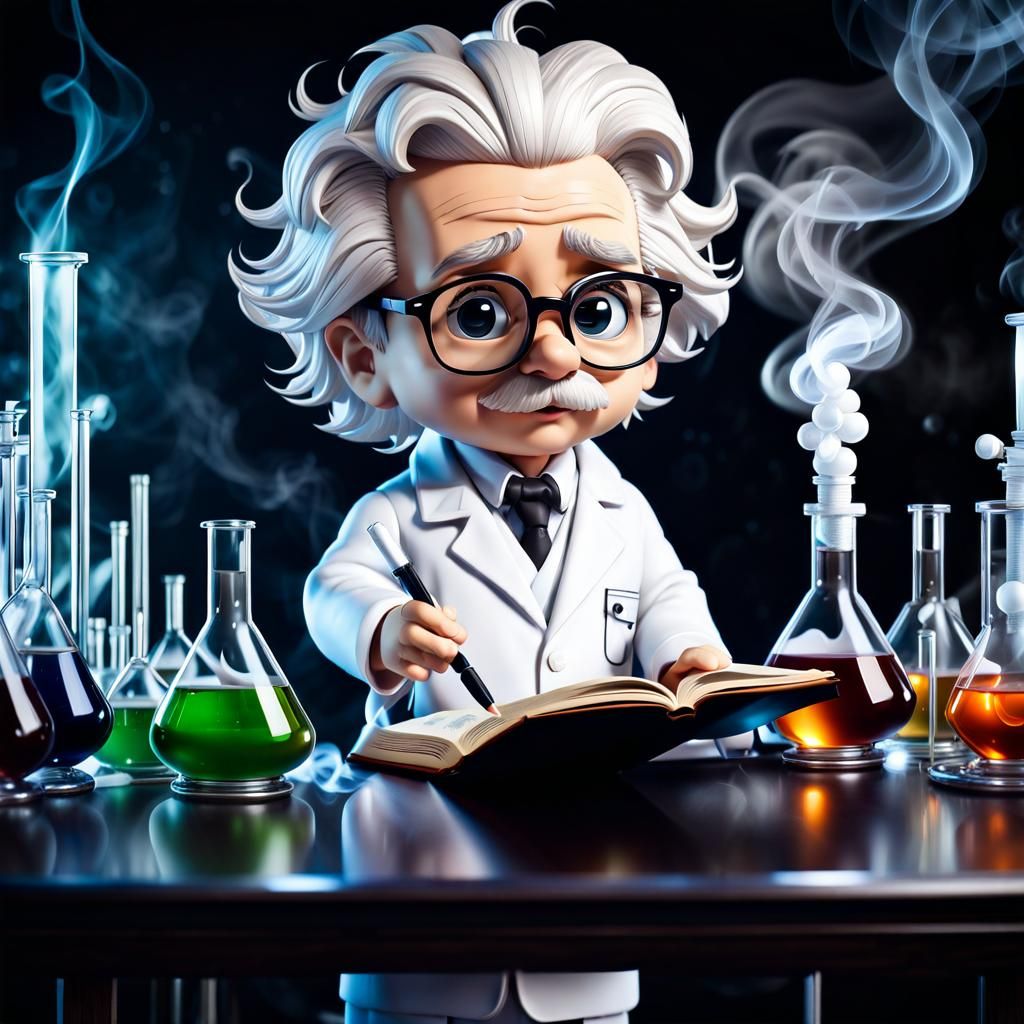 Cute Chibi Einstein in Laboratory, Caricature Design