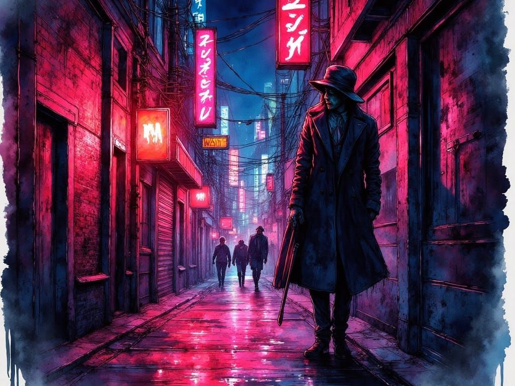 Gritty Alley Interrogation in Coloured Ink Illustration