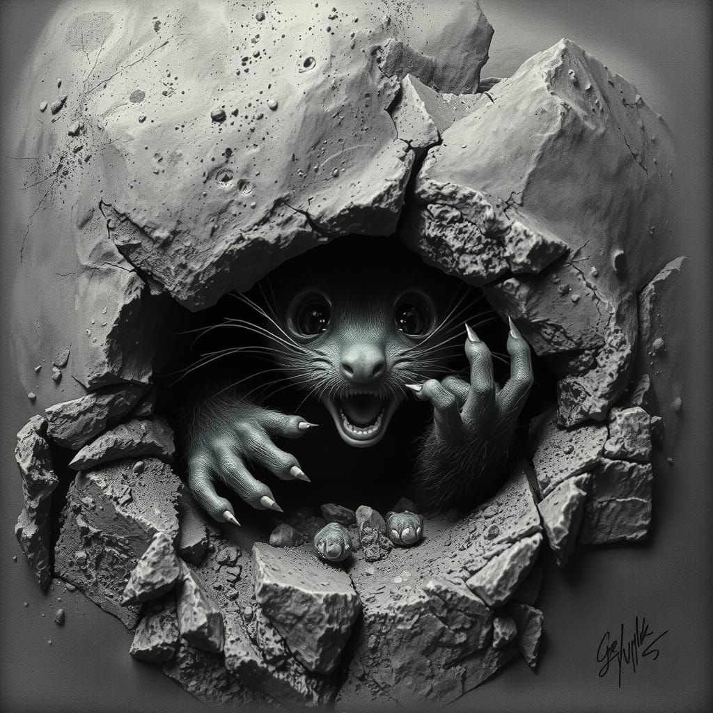 Scared Creature Peeking From Under Rock, Ethereal Charcoal D...