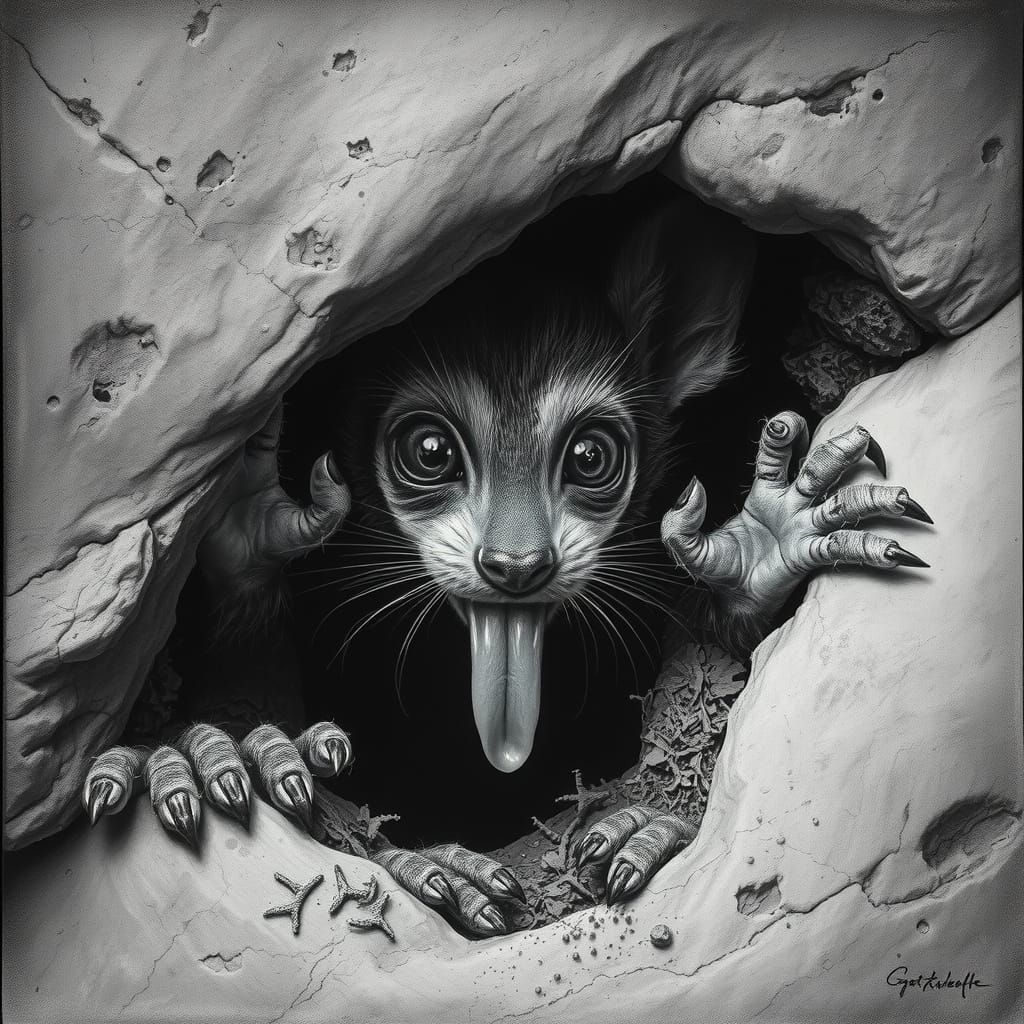 Scared Creature Peeks Out From Under Rock in Fantasy Art