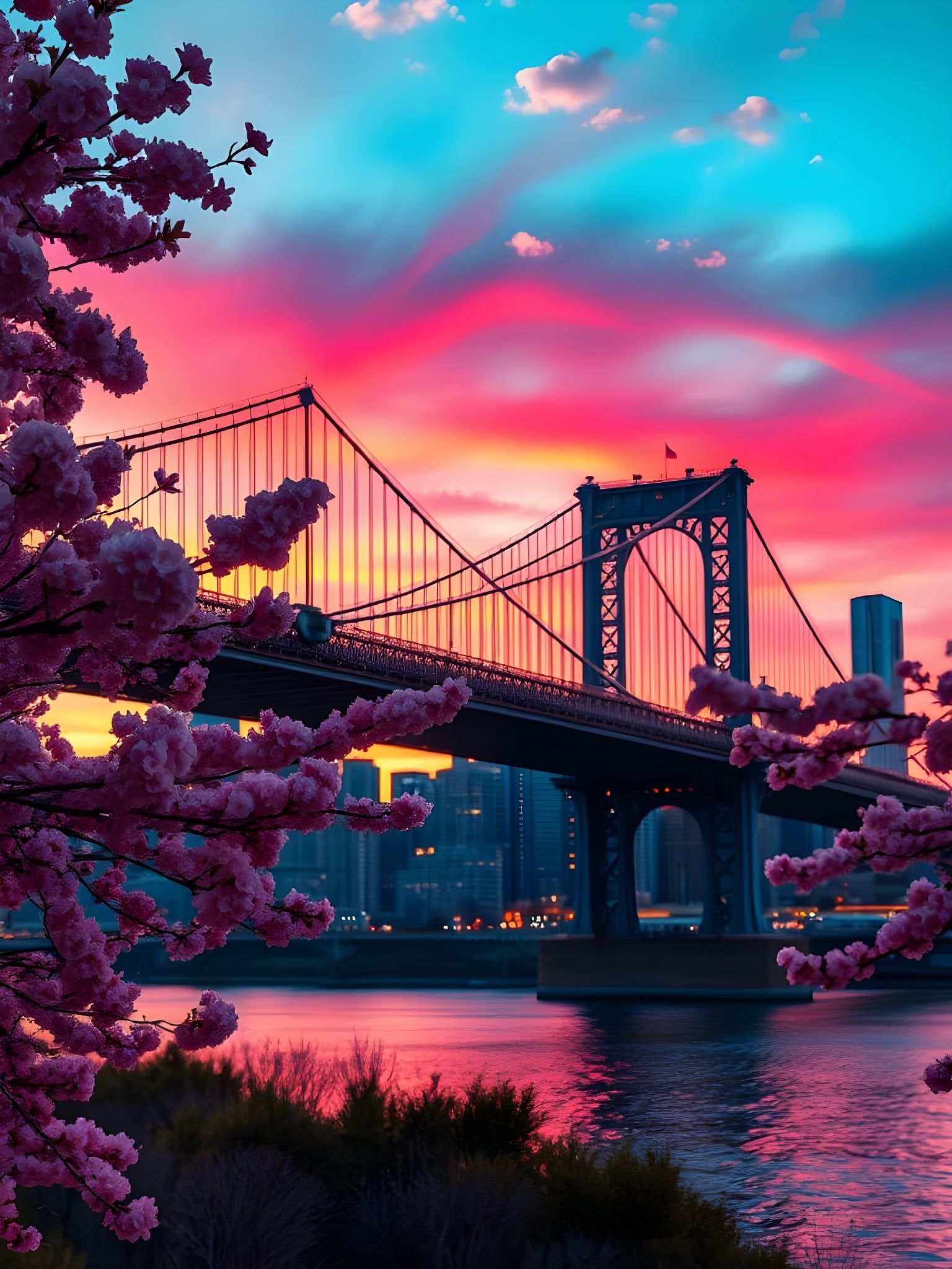 Brooklyn Bridge Sunset: Vibrant Watercolor Painting