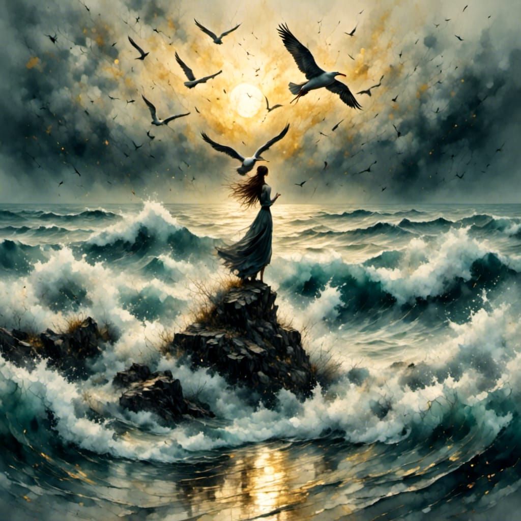 Seagull Battling Waves at Golden Hour in Watercolor