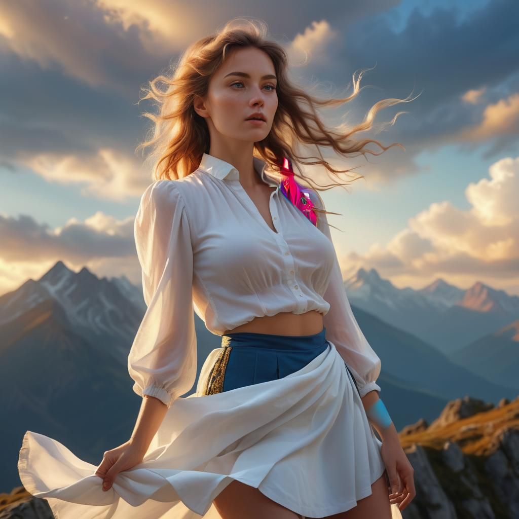 Renaissance-Inspired Woman on Mountain in Digital Art