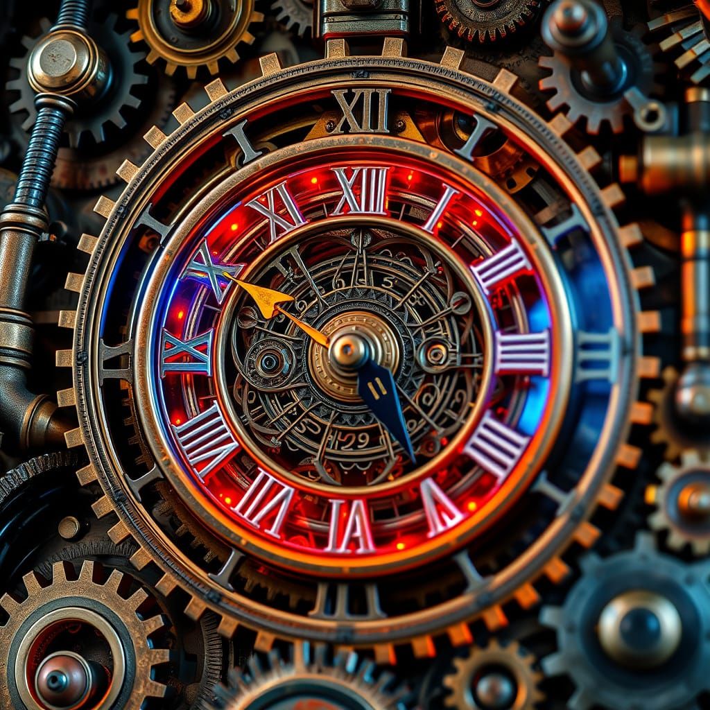 Steampunk Clock with Ornate Gears and Glowing Lights