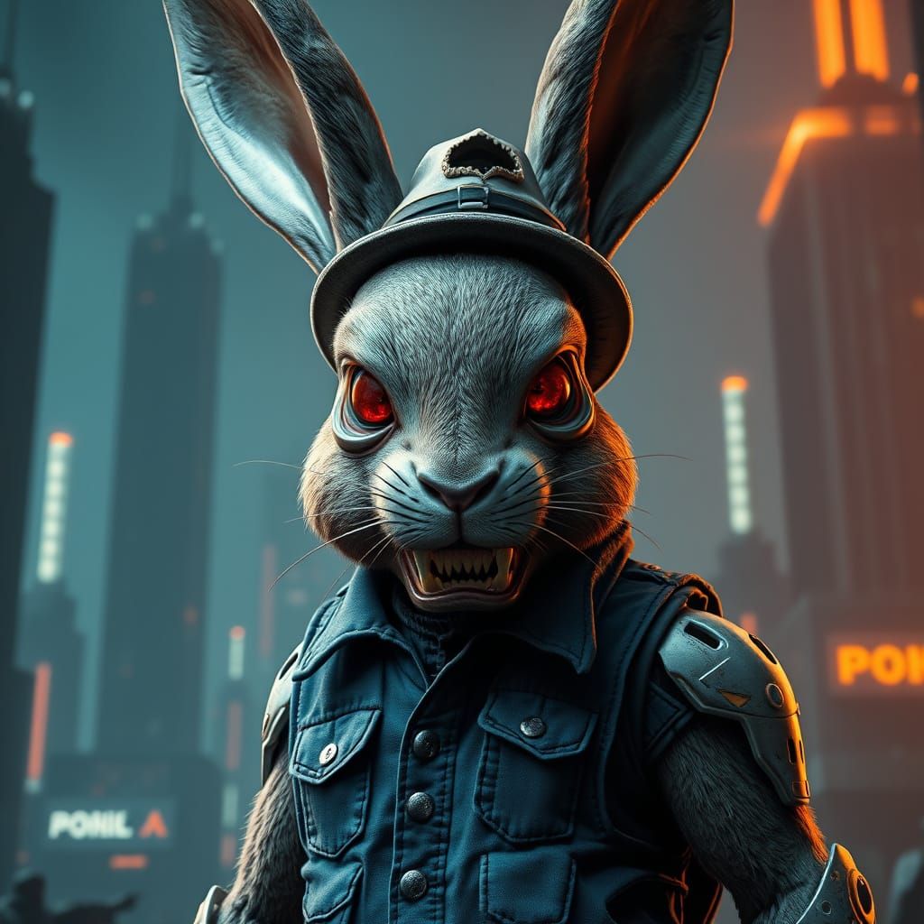 Cyberpunk Horror Rabbit: Tattered Vest and Gaping Hat in Dys...