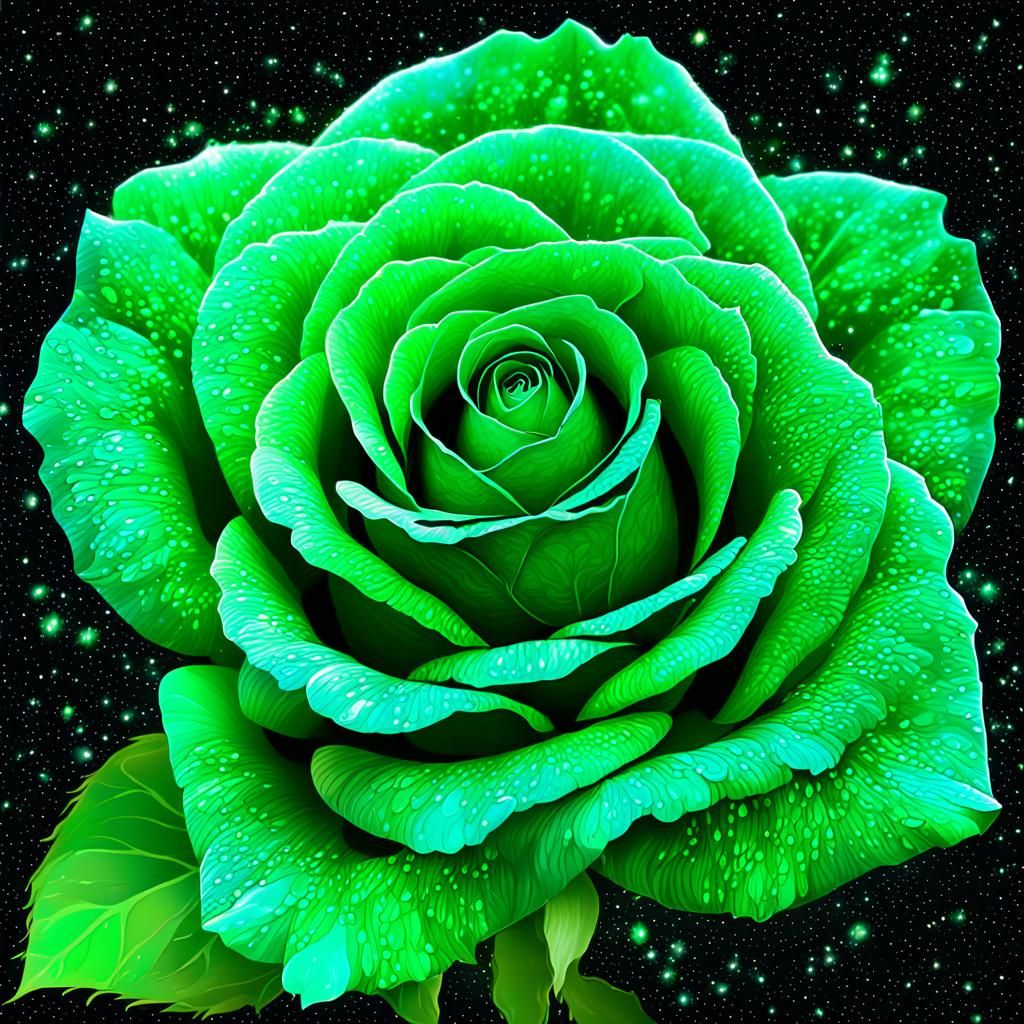 Glittering Green Rose in Swirling Sky: Cosmic Illustration