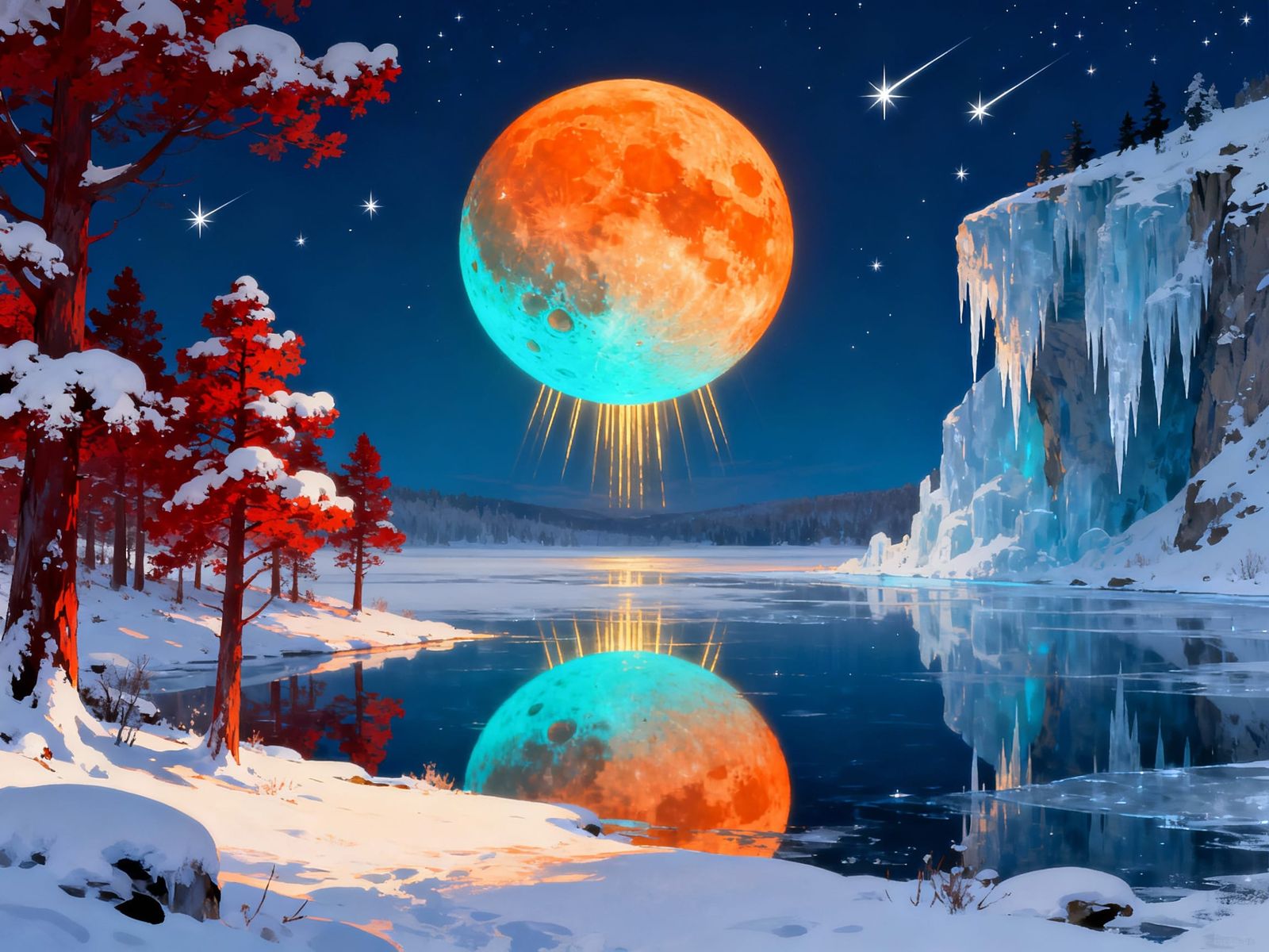 Magical Winter Landscape Under a Glowing Orange and Turquois...