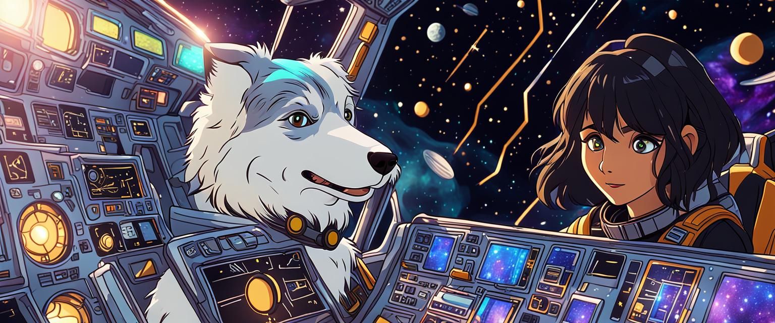 Girl and Border Collie in Spaceship Cockpit, Anime Style