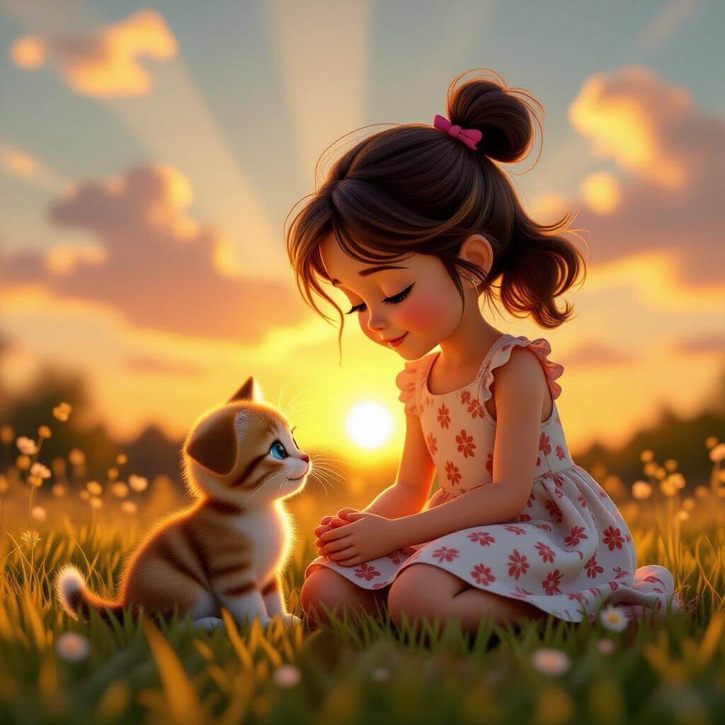 Girl, Puppy, and Kitten at Sunset in Pixar Style