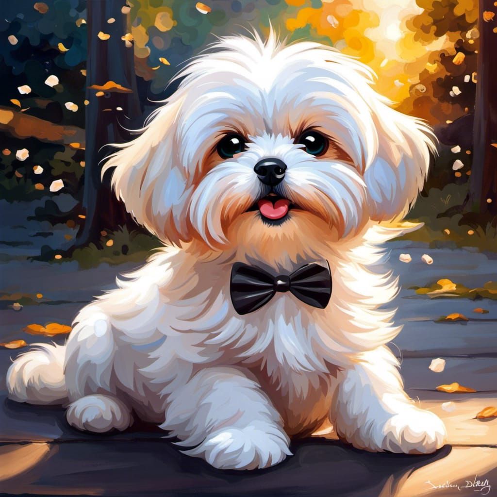 Adorable Maltese Puppy Painting in Studio Ghibli Style