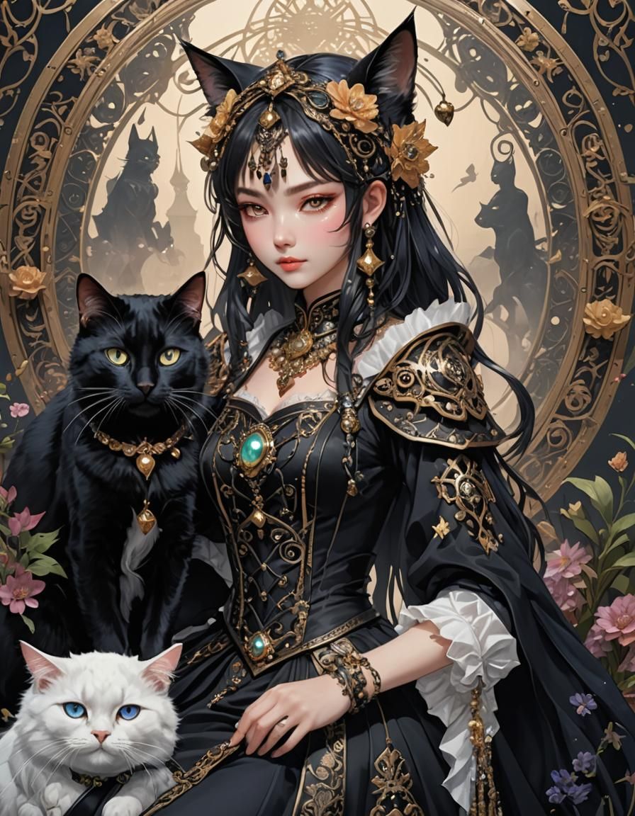 Anime Girl with Cat in High Fantasy Style