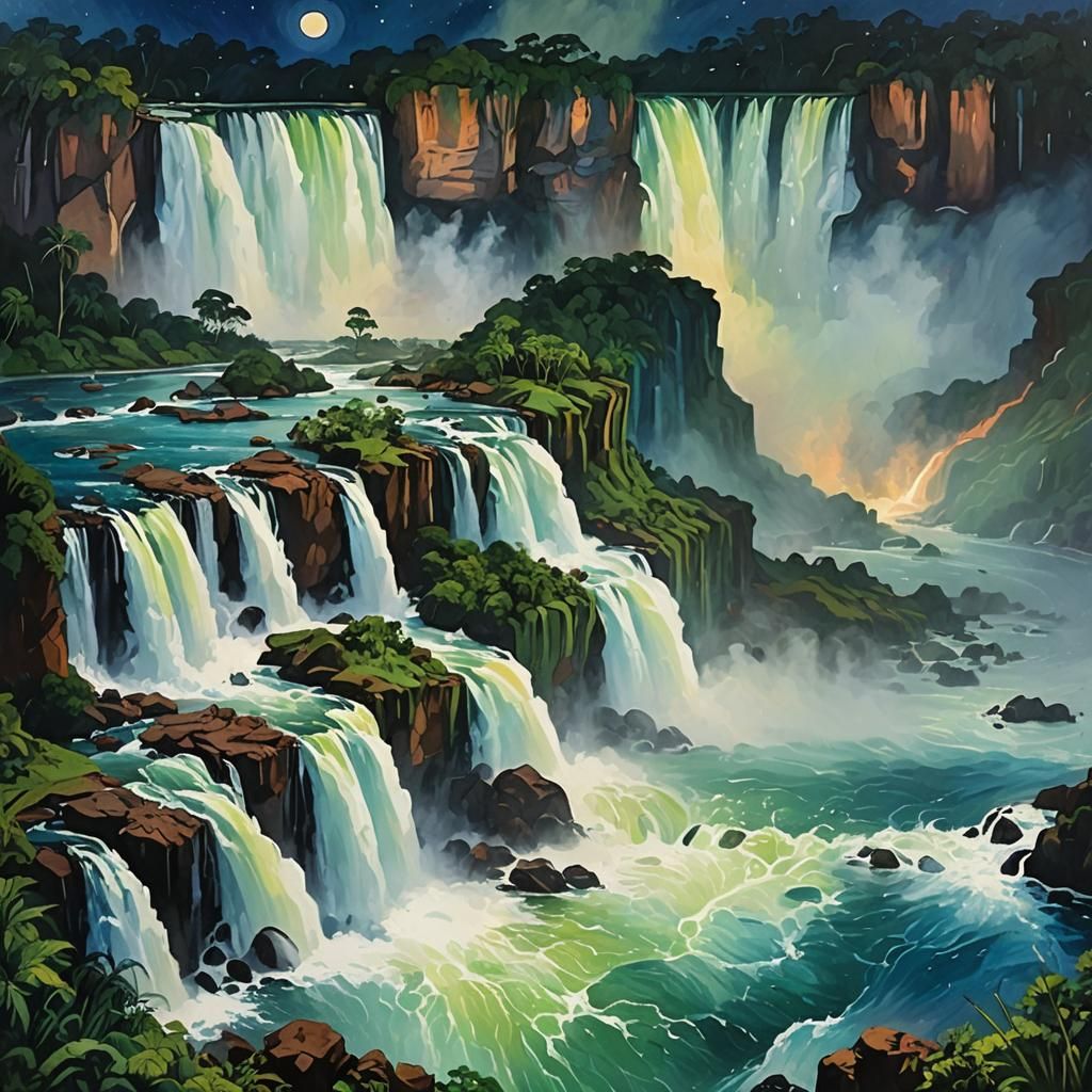 Moonlit Iguazu Falls: Gouache Impressionist Painting