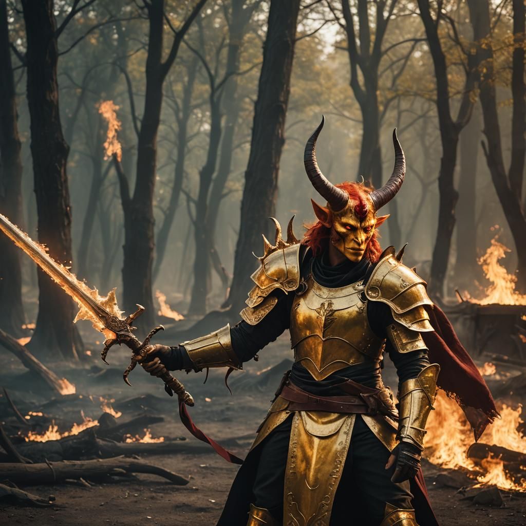 Tiefling Warrior with Burning Sword in Golden Armor