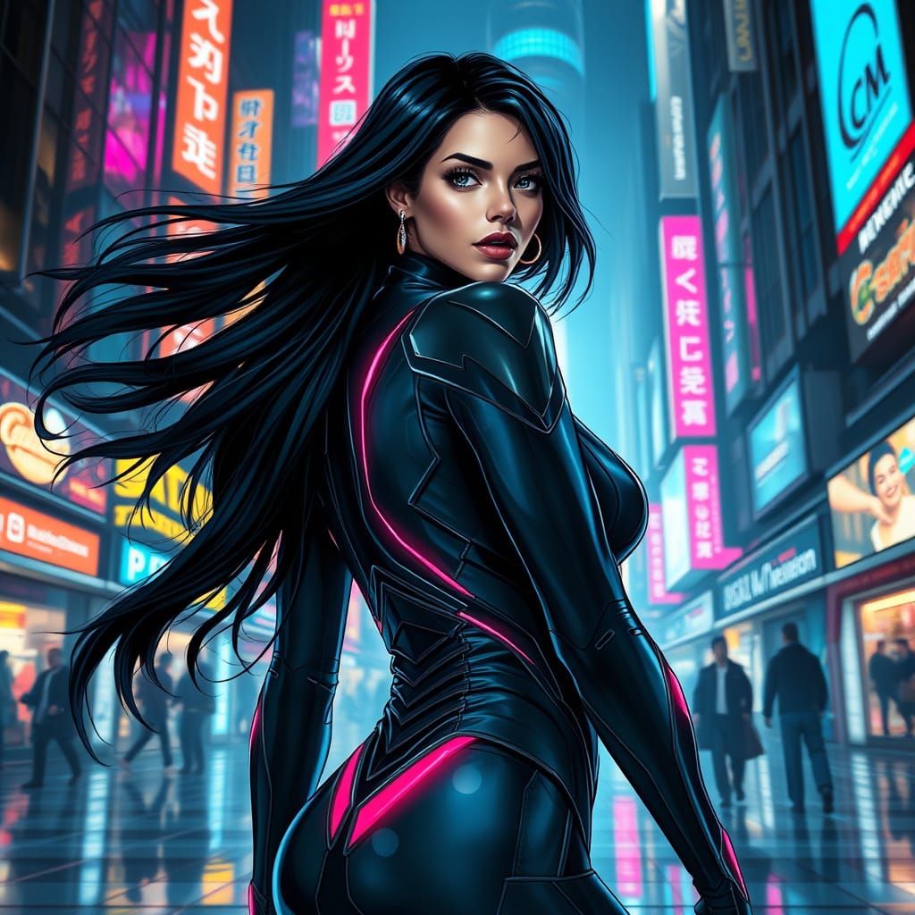 Futuristic Woman in City Square, Comic Book Style