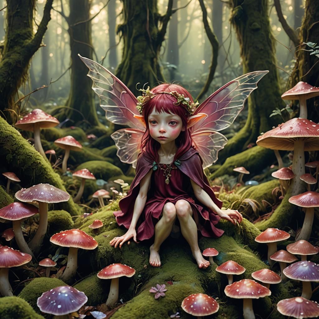 Maroon Pixie in Mossy Forest, Brian Froud Style