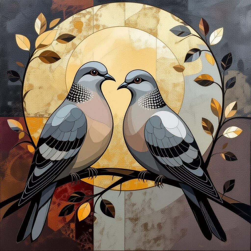 Doves on Branch in Art Deco Abstract Style