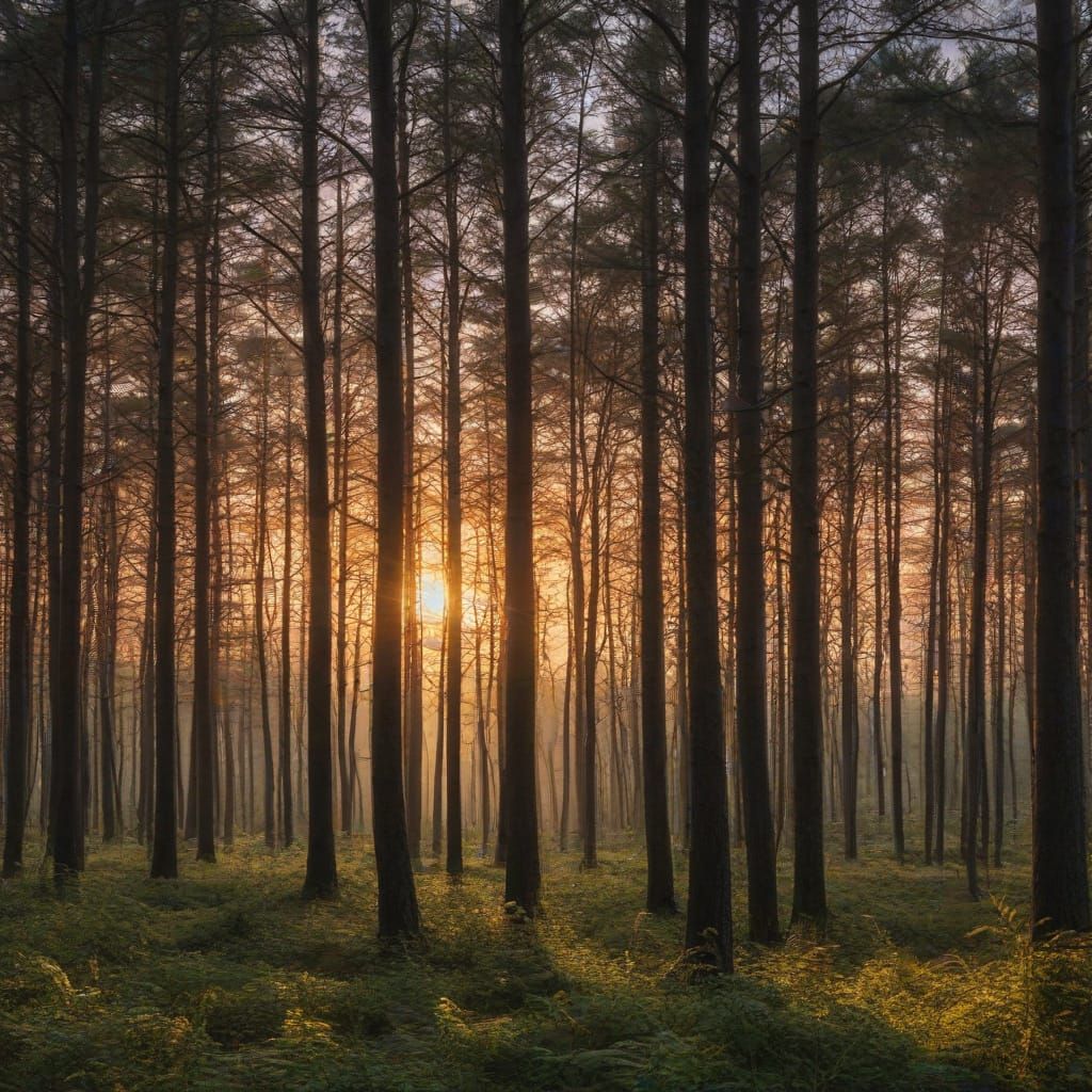 Golden Forest at Sunset in Impressionist Style