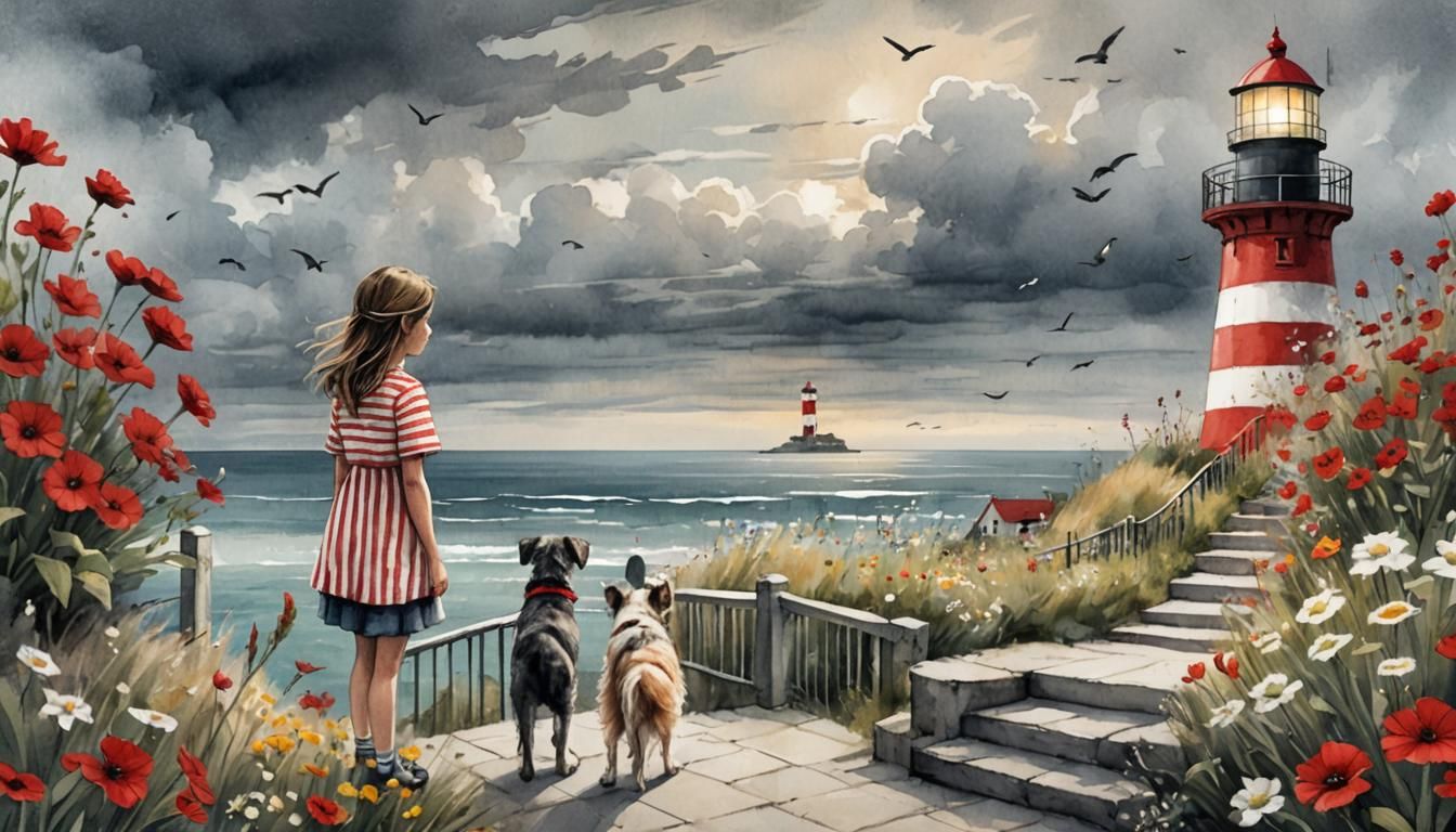 Whimsical Lighthouse Illustration with Girl and Dog